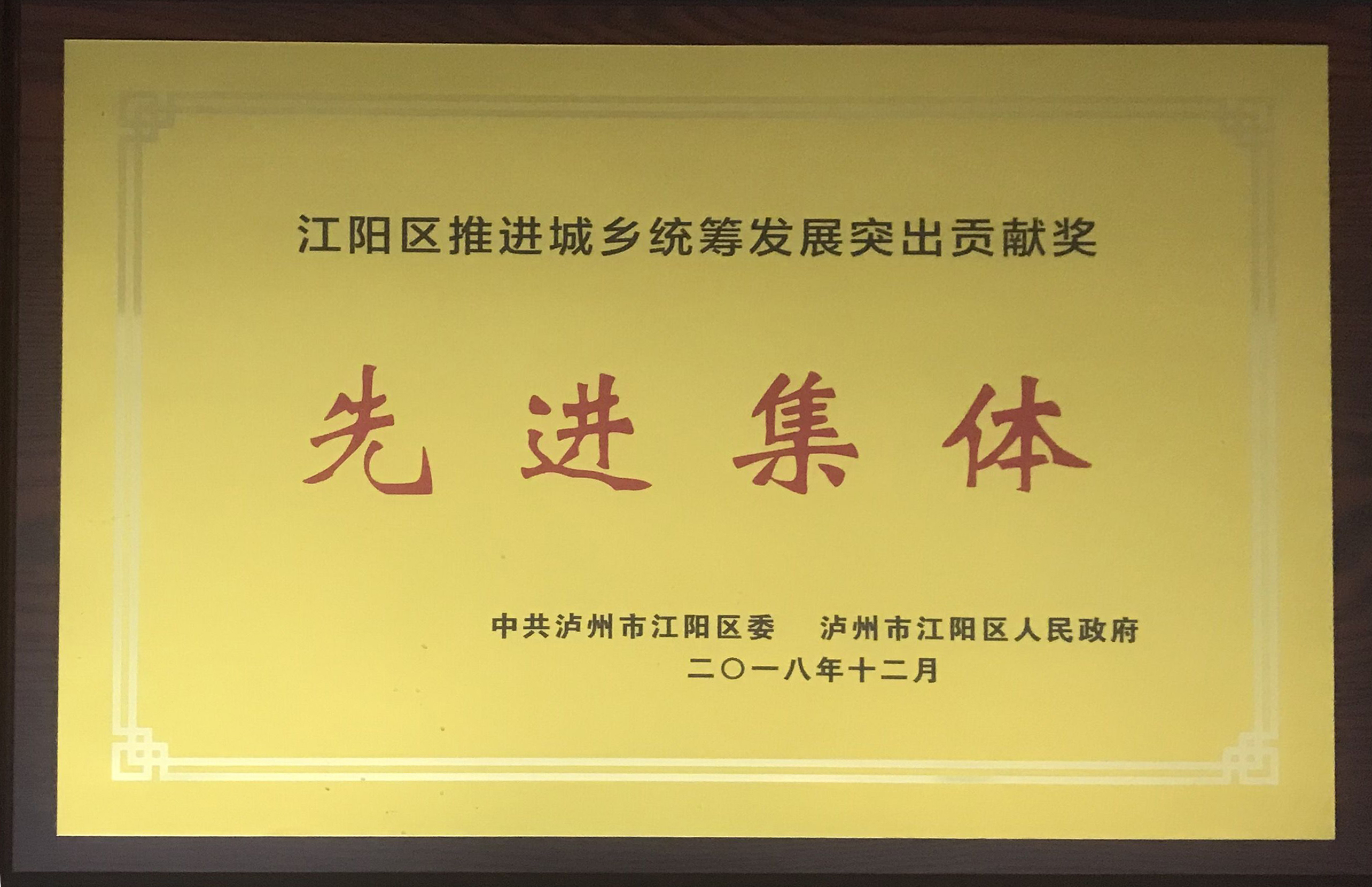 江陽區(qū)推進城鄉(xiāng)統(tǒng)籌發(fā)展突出貢獻獎