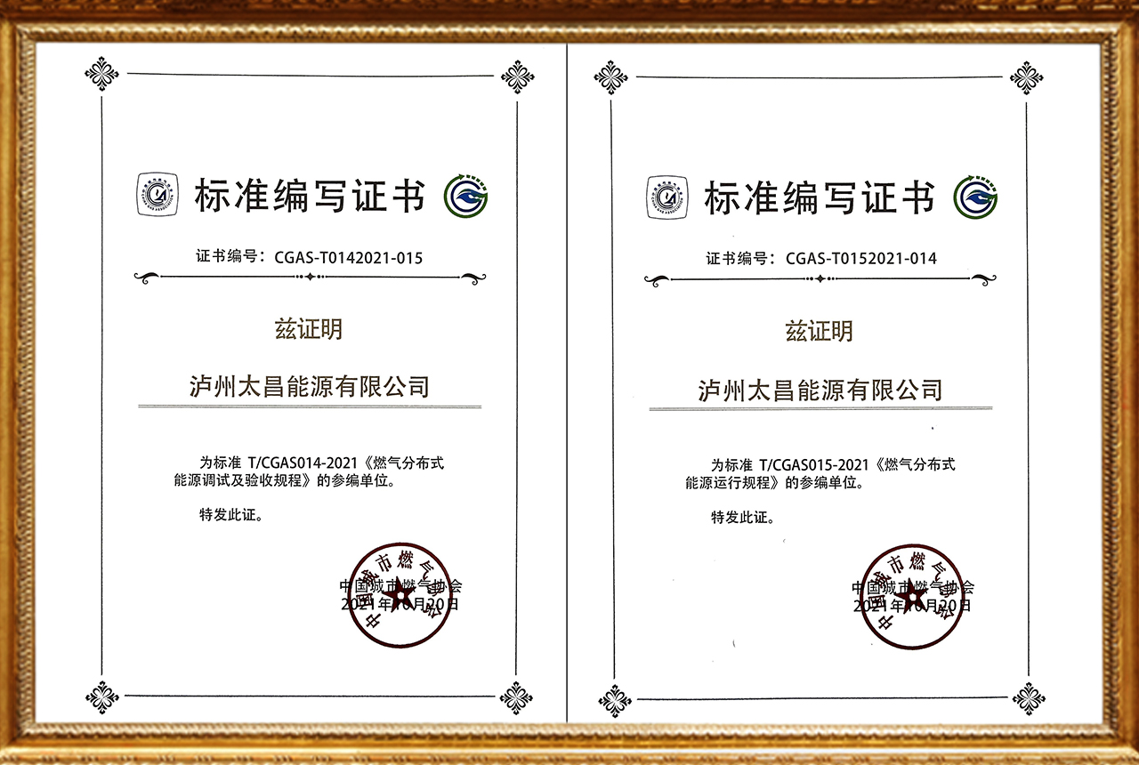燃氣分布式能源相關(guān)標準編寫證書